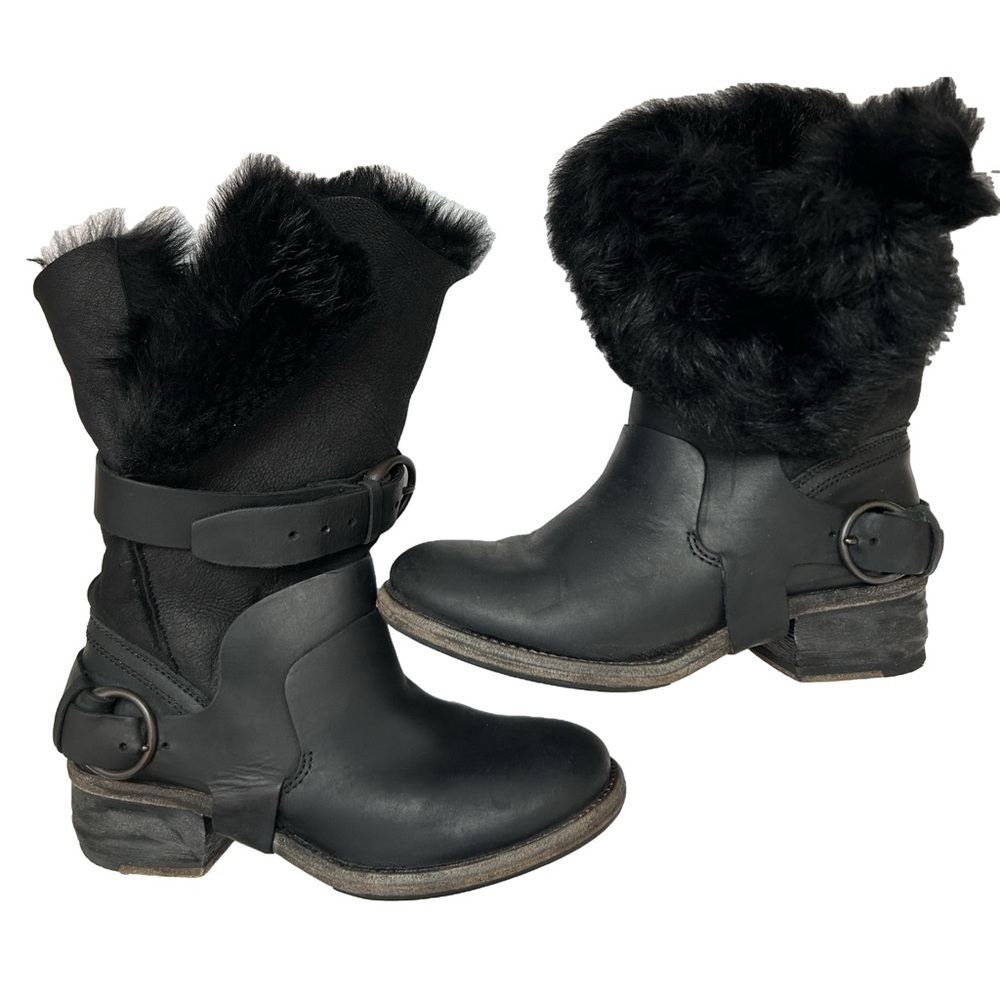 All Saints Italus Cuffed Black Leather Shearling Fur Boots Low Heel Size 37 6.5
